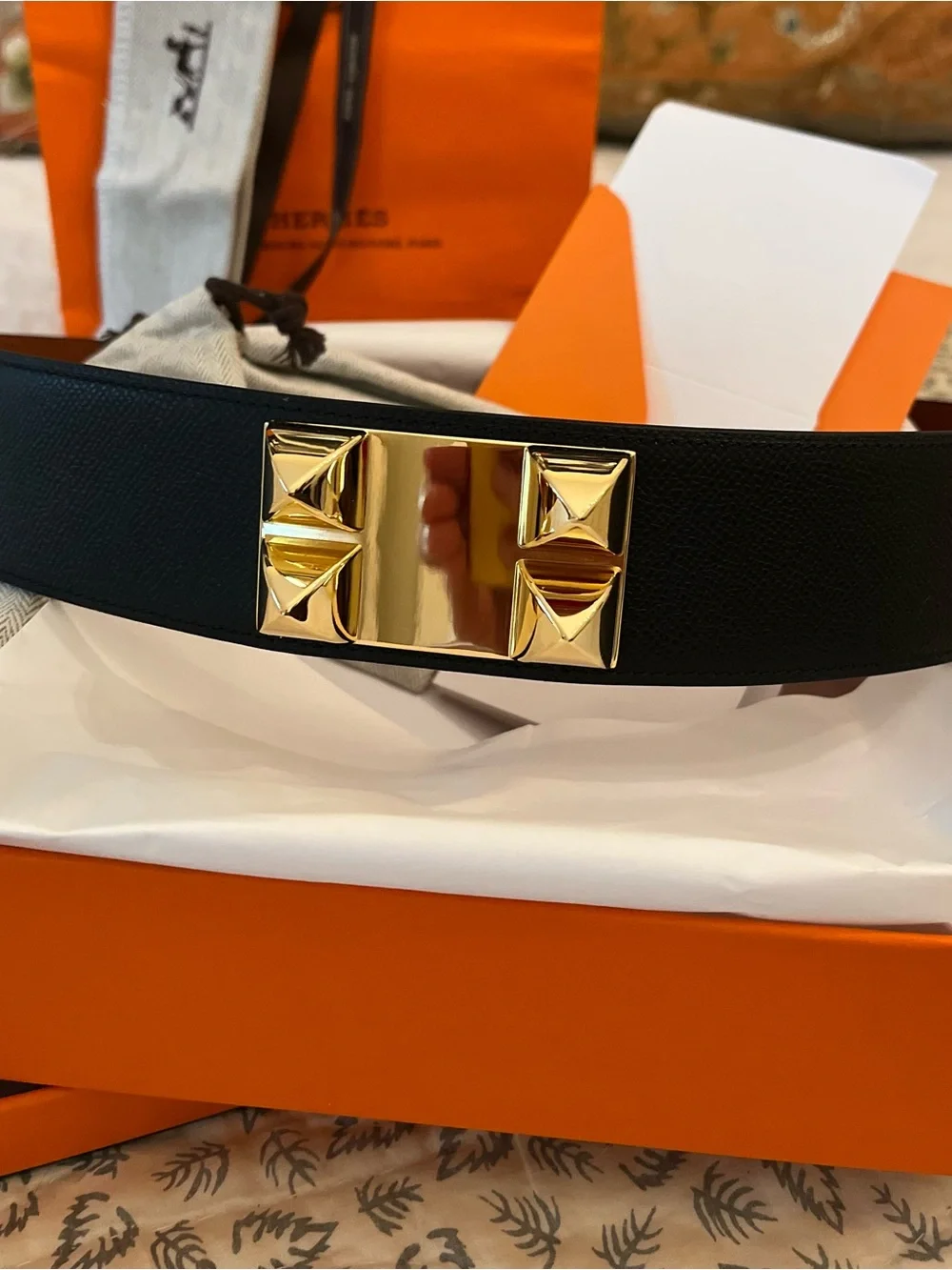 Black Leather Collier de Chien Belt with Gold Stud Hardware - Picture 9 of 11